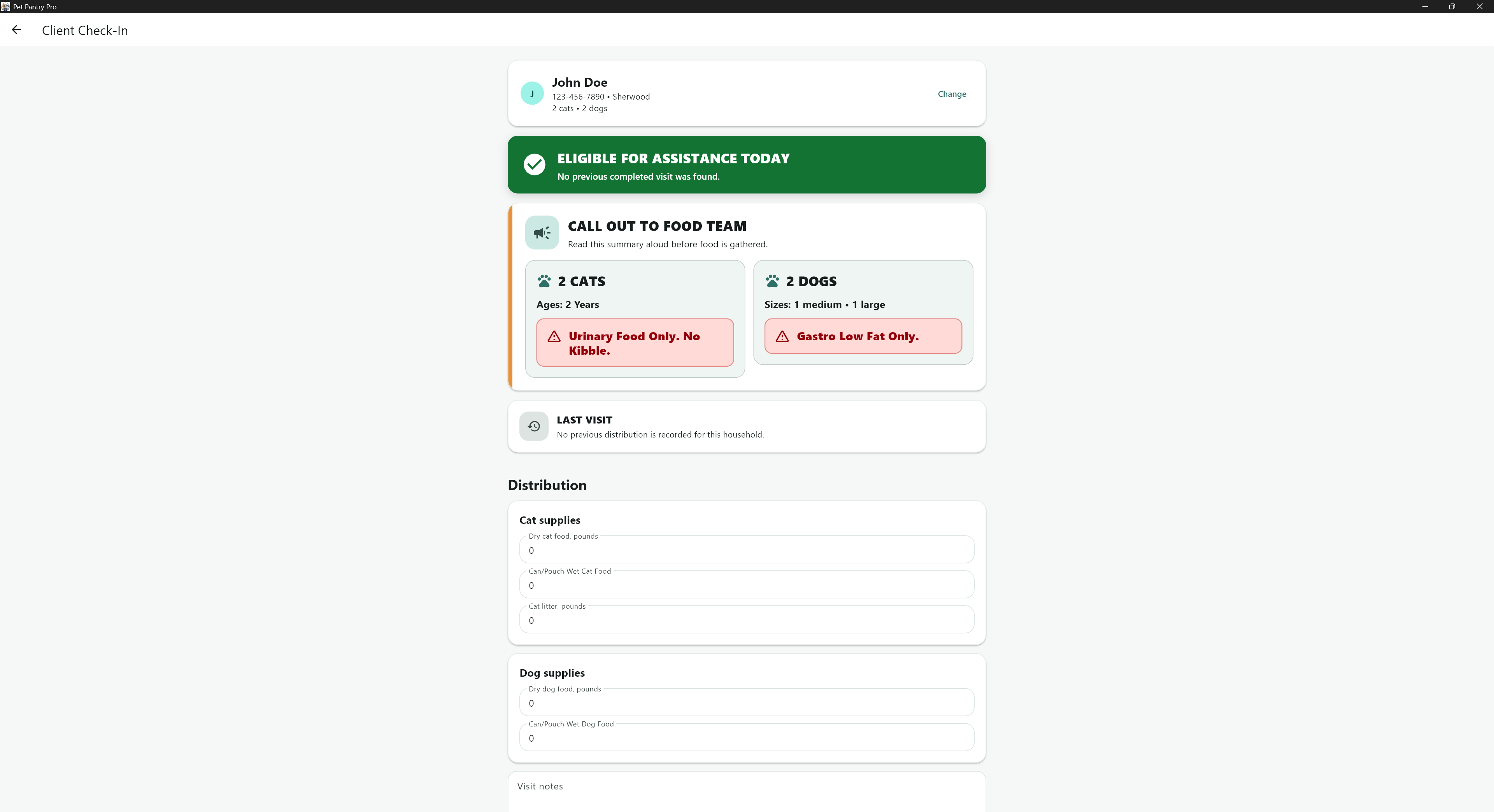 Pet Pantry Pro client check-in showing eligibility, pet needs, and distribution fields