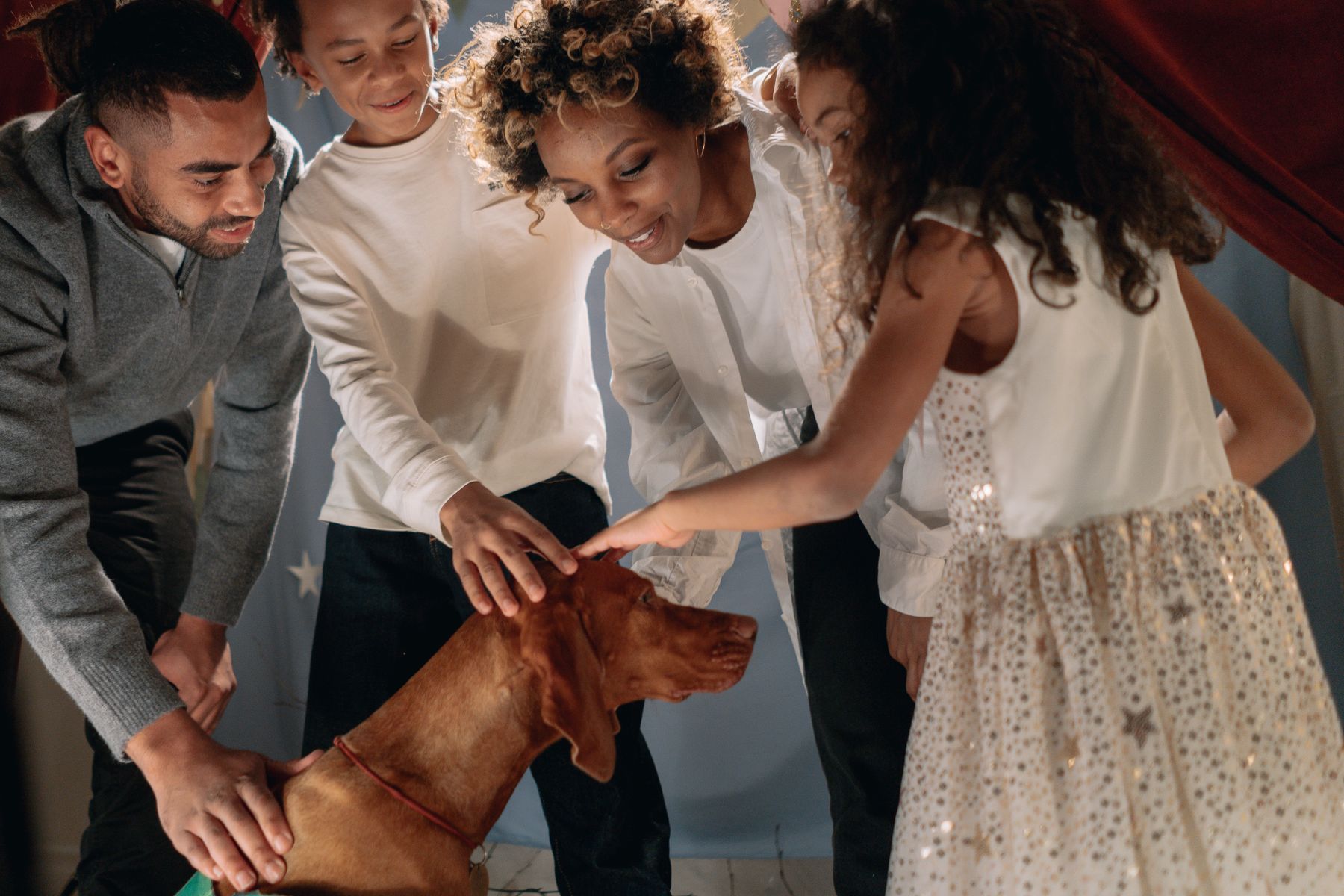A family gathered around their dog
