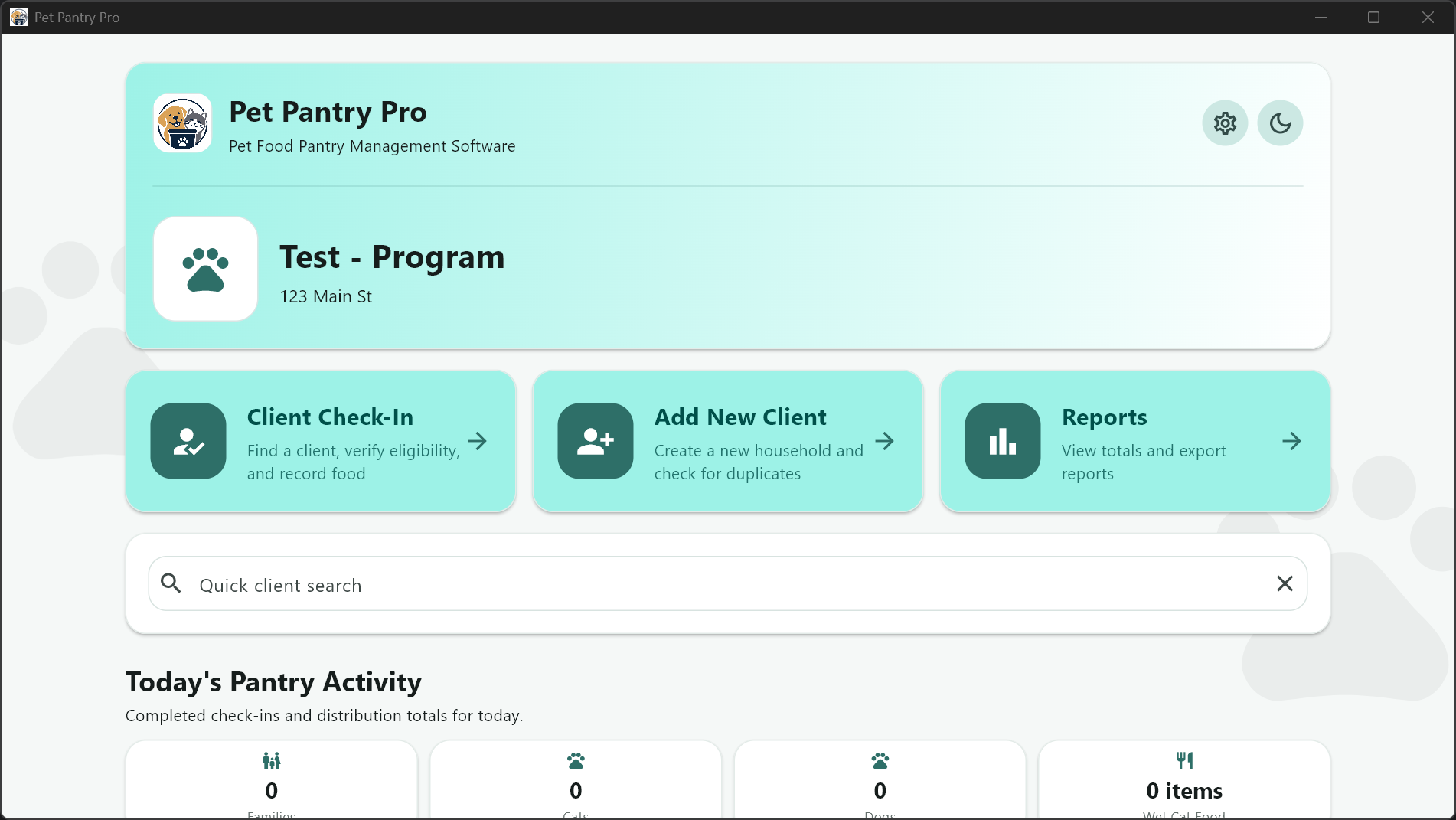 Pet Pantry Pro dashboard showing client check-in, client records, reports, search, and daily pantry activity