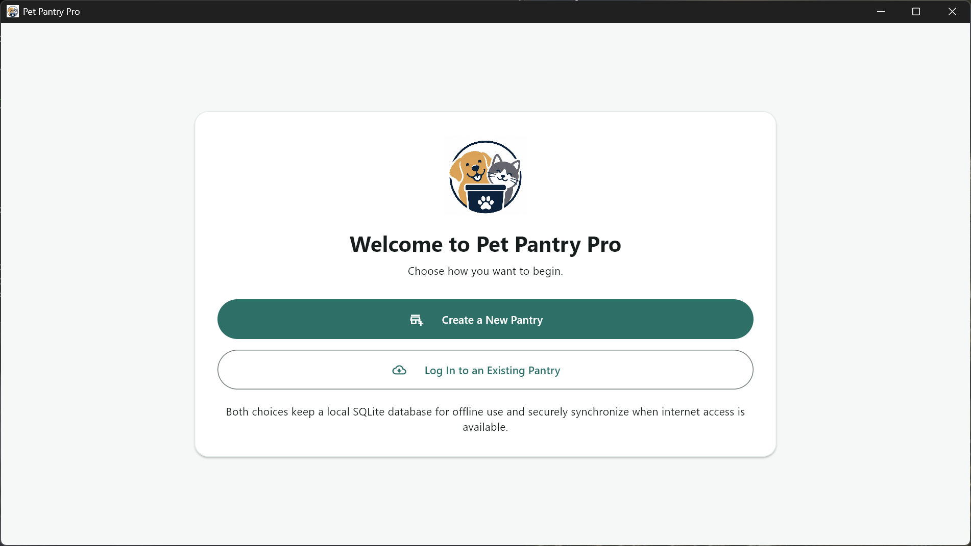 Pet Pantry Pro welcome screen with options to create a new pantry or log in to an existing pantry